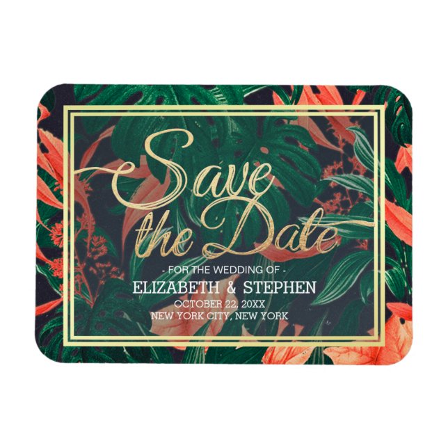 Imán Tropical Floral & Gold Frame Wedding Guardar La Fe (Horizontal)
