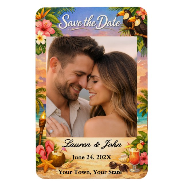 Imán Tropical Paradise Photo Save Date Wedding Magnet (Vertical)