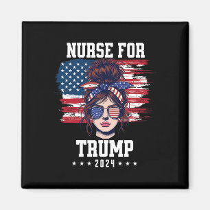 Imán Trump 2024 Enfermera Messy Bun America Bandera Est