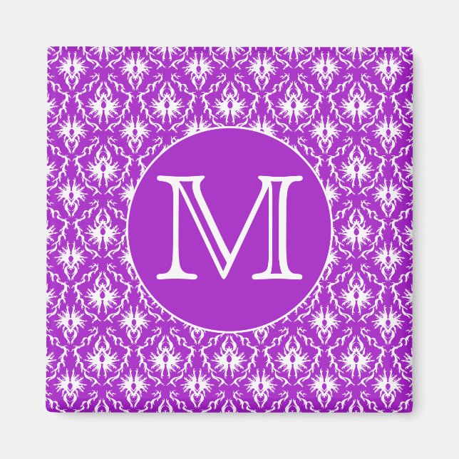 Imán Tu carta. Patrón de Damasco morado y blanco. (Frente)