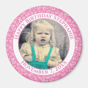 Imán Tu foto 85º patrón de cumpleaños   Rosa/Blanco