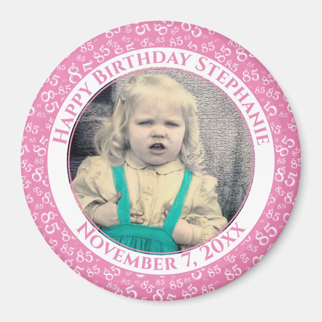 Imán Tu foto 85º patrón de cumpleaños | Rosa/Blanco (Frente)