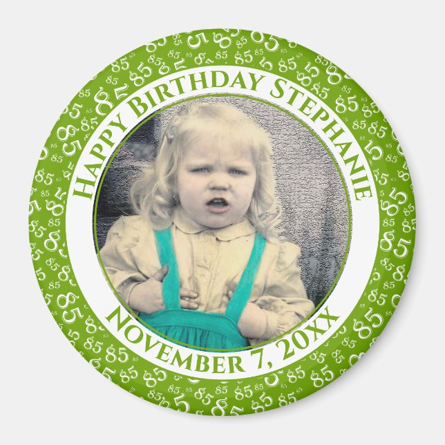 Imán Tu foto 85º patrón de cumpleaños | Verde/Blanco (Frente)