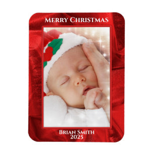 Imán Tu texto de foto - metálico rojo navideño