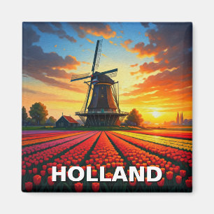 Imán Tulip Fields Windmill Holland Sunset