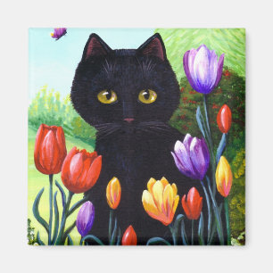 Imán Tulips Cute Black Cat Butfly Creationarts