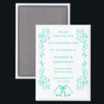 Imán Turquoise Bells Scrollwork Wedding Save The Date<br><div class="desc">La boda salva el diseño de las campanas de imán de fecha. Personalizar esta boda turquesa de color salva el imán de fecha con los detalles de su boda. Si necesita ayuda para personalizar, póngase en contacto con nosotros a través del enlace de esta página. Diseño de campanas de color...</div>