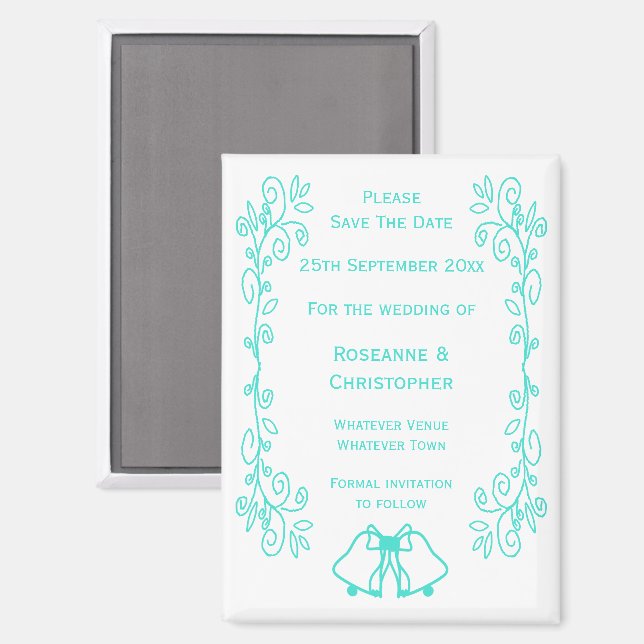 Imán Turquoise Bells Scrollwork Wedding Save The Date (Anverso/Reverso)