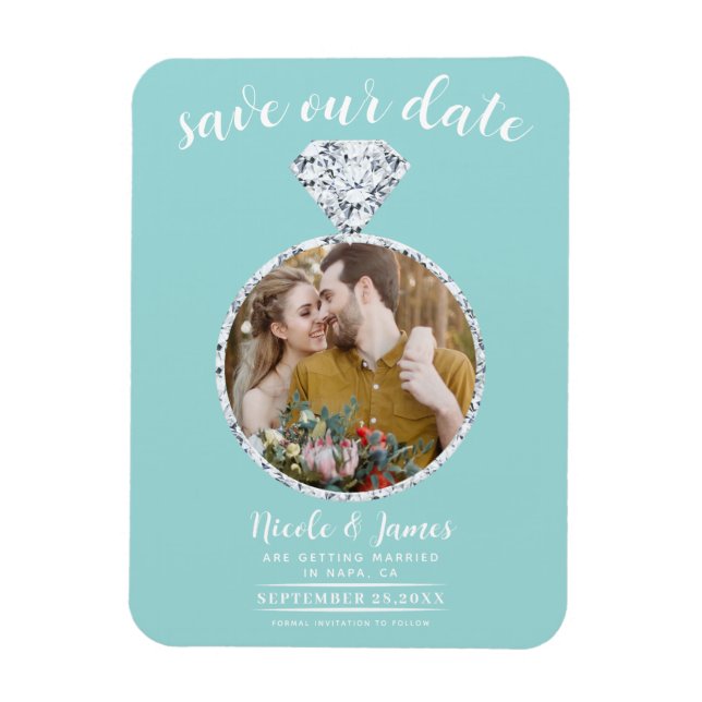 Imán Turquoise Diamond Ring Bling Photo Save the Date (Vertical)