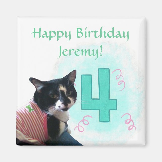 Imán Tuxedo Cat Age Four Happy Birday Magnets (Frente)
