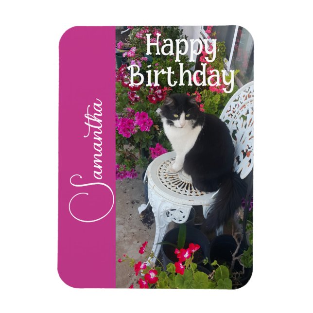 Imán Tuxedo Cat Cats and Flowers Girls Name Birthday (Vertical)