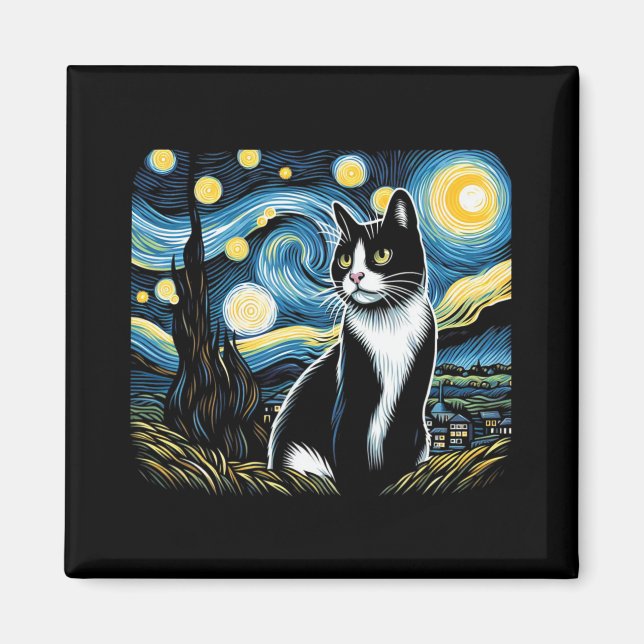 Imán Tuxedo Cat Starry Night Pintura Tuxedo Cat Dueño (Frente)
