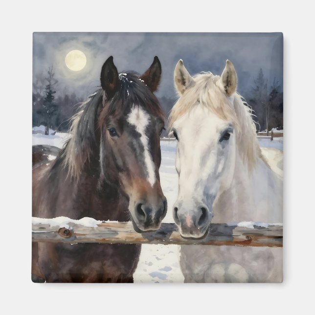 Imán Two Horses on a Snowy Farm Under the Moon (Frente)