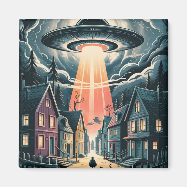 Imán UFO Abduction Night Street Illustration (Frente)