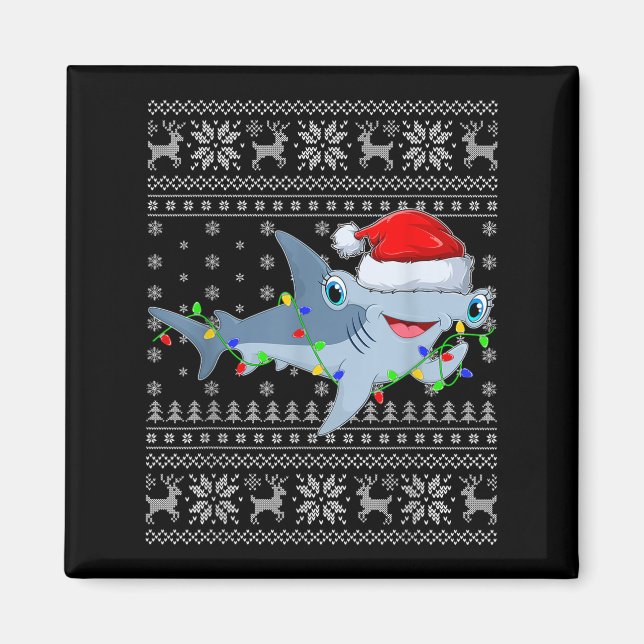 Imán Ugly Sweater Xmas Lights Santa Hammerhead Shark Ch (Frente)