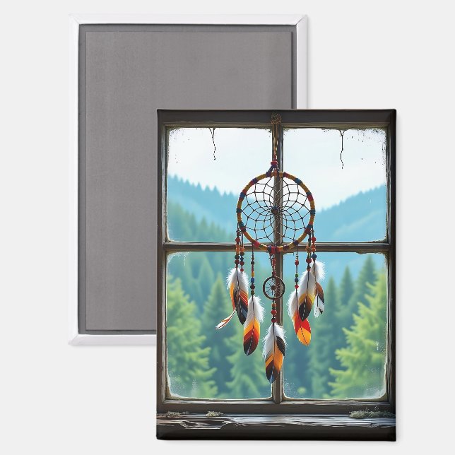 Imán Un atrapasueños en una ventana con vista a las mon (Anverso/Reverso)
