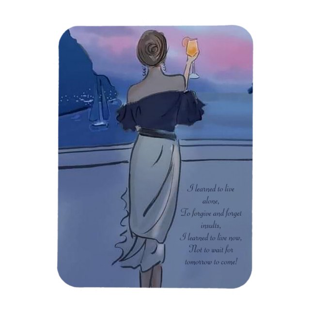 Imán Un chica con una copa de vino en la costa (Vertical)