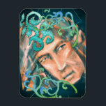 Imán Un desafiante elfo verde de bosque entre hojas<br><div class="desc">Un retrato de un bello elfo macho en verde esmeralda y marrón naranja,  mirándote. Arte de Alexandra Cook aka Linandara. ¡Disfrútalo!</div>