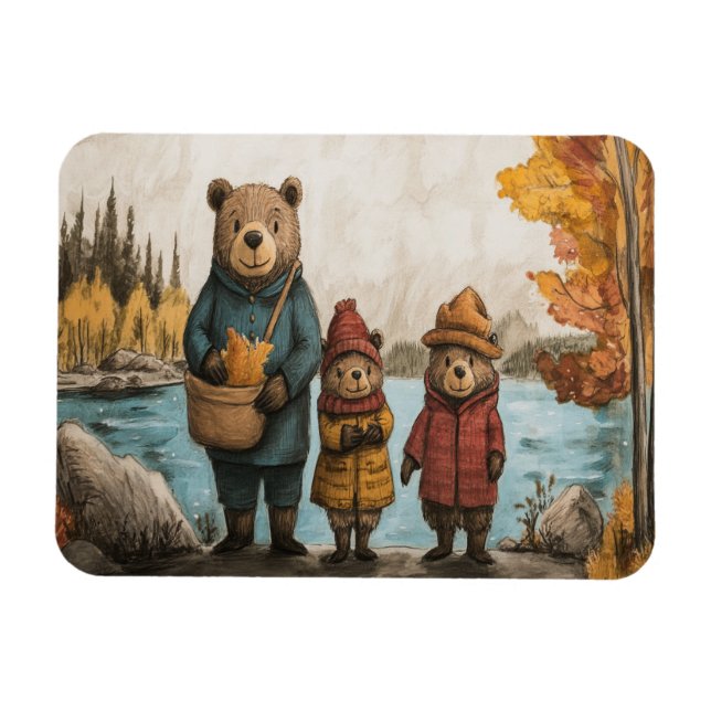 Imán Un Día De Otoño Con La Familia Del Oso En El Lago (Horizontal)