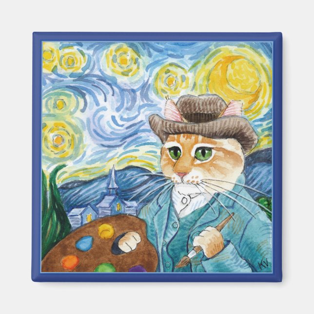 Imán Un gatito impresionista, Van Gogh, Noche Starry (Frente)