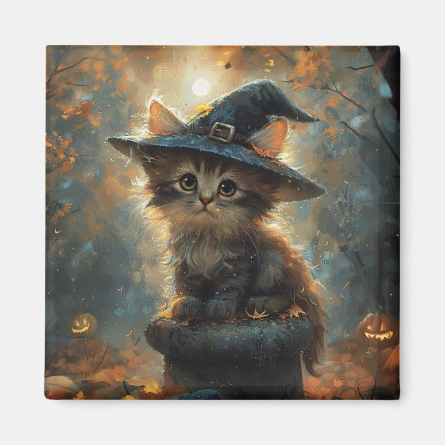 Imán Un gatito lindo vistiendo a un Gorra de brujas (Frente)