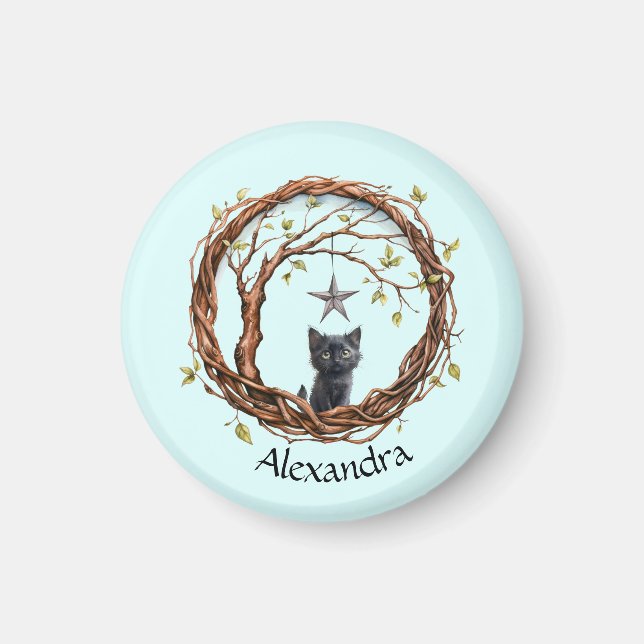 Imán Un gatito negro lindo mirando una estrella (Frente)