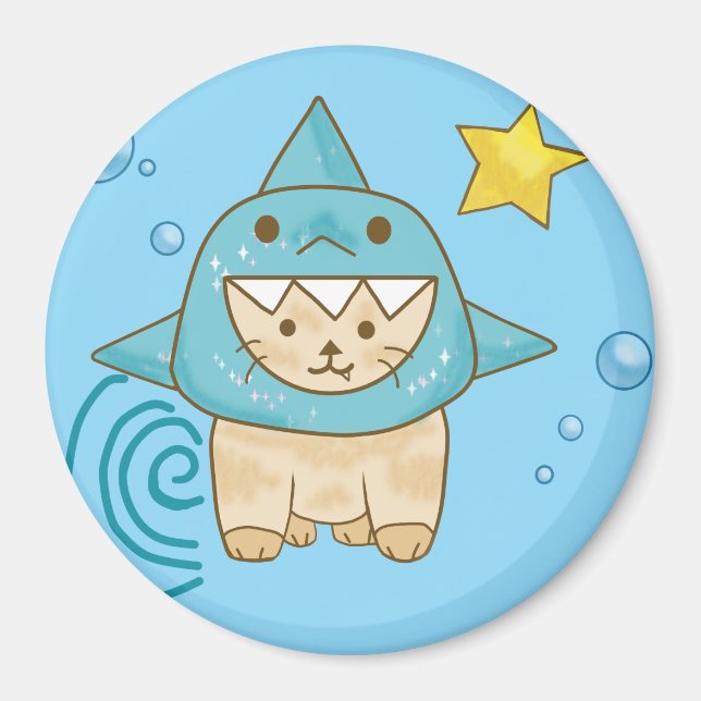 Imán Un gato beige curado con traje de tiburón y temáti (Frente)