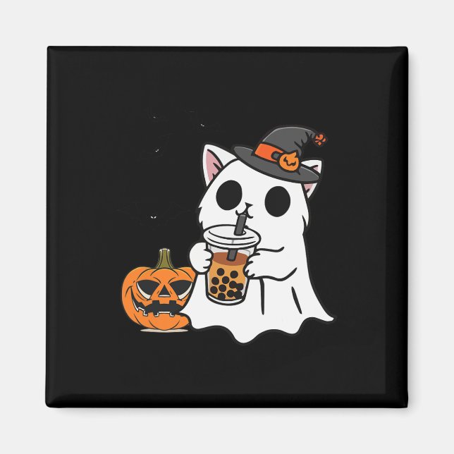 Imán Un Gato De Halloween Con Vestido De Fantasma Beber (Frente)