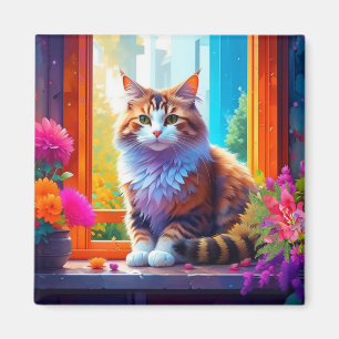 Imán Un gato lindo sentado en la ventana de la ciudad