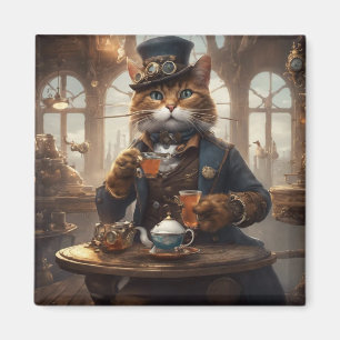 Imán Un gato lindo tomando té