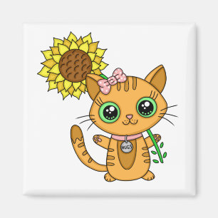 Imán Un gato Naranja kawaii con girasol
