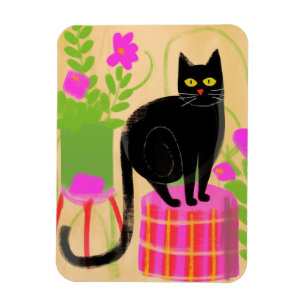 Imán Un gato negro con plantas domésticas