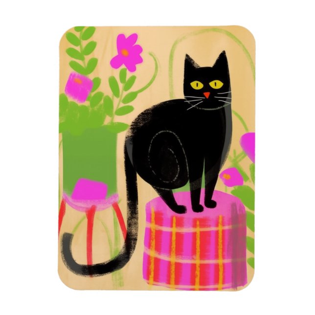Imán Un gato negro con plantas domésticas (Vertical)