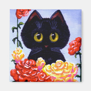 Imán Un gato negro gracioso rosas rojas creaciones arte