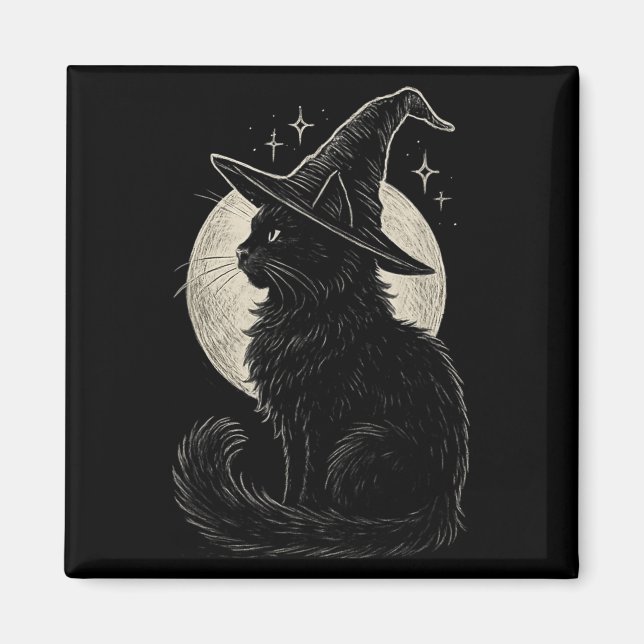Imán Un gato negro lindo Gorra Moon Retro Coquette Boho (Frente)