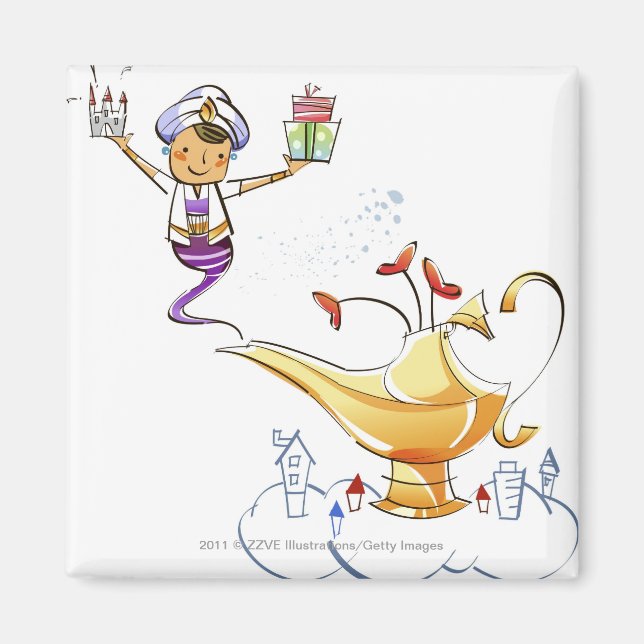 Imán Un genio trayendo una casa y regalos de una lámpar (Frente)