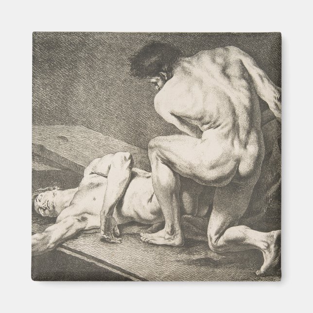 Imán Un hombre levanta las piernas de otro hombre (Frente)