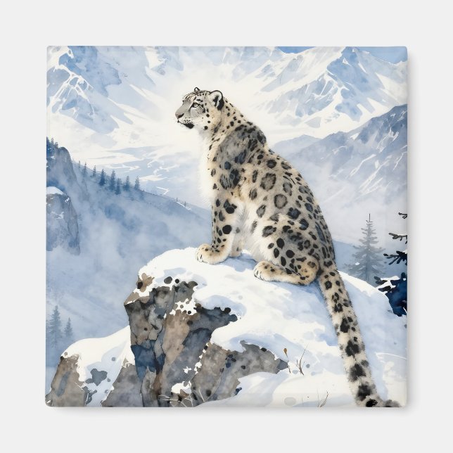 Imán Un leopardo de las nieves en pico nevado (Frente)