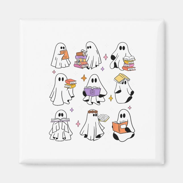 Imán Un libro fantasma que lee libros de Halloween hace (Frente)