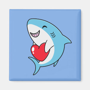 Imán Un lindo tiburón azul feliz con un corazón rojo