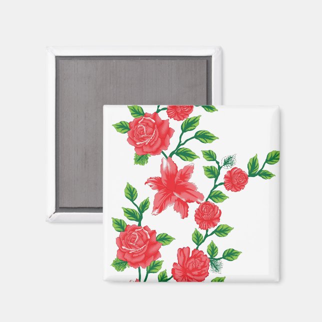 Imán un montón de flores rojas sobre un fondo blanco (Anverso/Reverso)