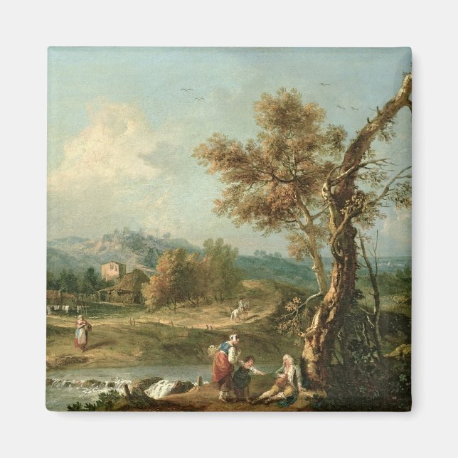 Imán Un paisaje de río italiano con viajeros (Frente)