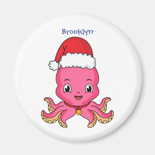 Imán Un pulpo alegre lindo usando Navidades gorra perso