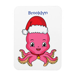 Imán Un pulpo alegre lindo usando Navidades gorra perso