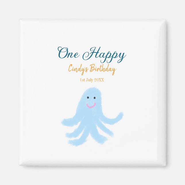 Imán Un pulpo azul feliz bajo el cumpleaños del mar (Frente)