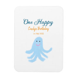 Imán Un pulpo azul feliz bajo el cumpleaños del mar
