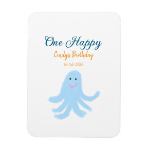 Imán Un pulpo azul feliz bajo el cumpleaños del mar