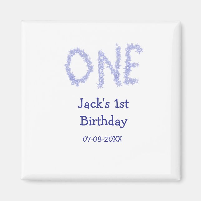 Imán Un purpurina azul niño moderno de primer cumpleaño (Frente)