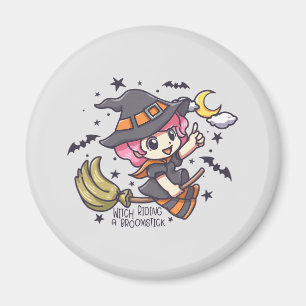 Imán Una Bruja Cuta Viajando A Un Broomstick