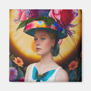 Imán Una dama con un gorra floral